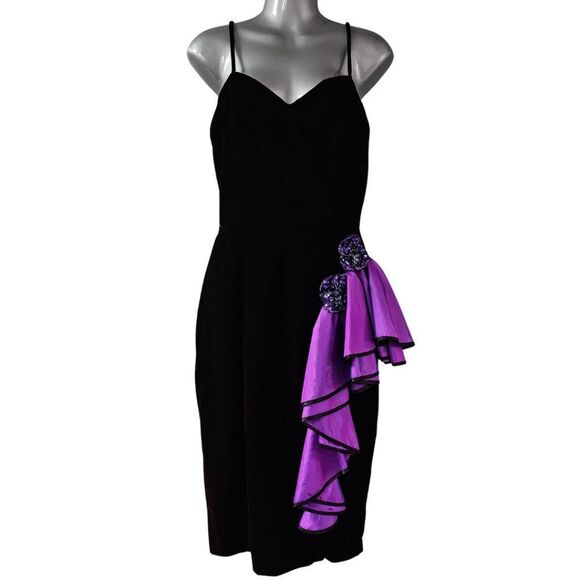 Vintage 80's Ruffle Midi Dress Deep Purple Goth Whimsigoth Witchy Velvet Formal - Picture 1 of 15